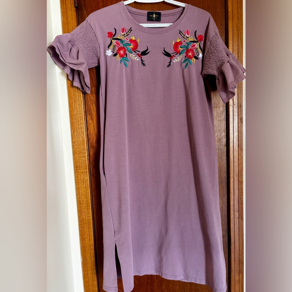 Mauve Embroidered Ruffle Sleeve Dress